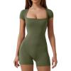 imageQINSEN Womens Short Sleeve Bodycon Romper Stretchy Square Neck Sexy Unitard JumpsuitOlivine