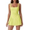imageQINSEN Womens Square Neck Tennis Dress Pleated Sleeveless Built in Shorts Golf Athletic Dress with PocketsLight Yellow