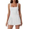 imageQINSEN Womens Square Neck Tennis Dress Pleated Sleeveless Built in Shorts Golf Athletic Dress with PocketsWhite