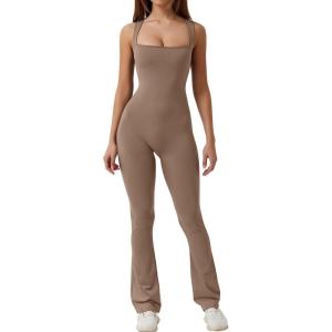 imageQINSEN Black Jumpsuit for Women Sleeveless Sexy Suqare Neck Stretch Flare Leggings Romper UnitardAffogat