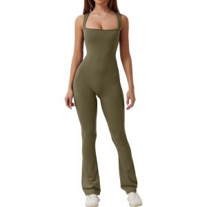 imageQINSEN Black Jumpsuit for Women Sleeveless Sexy Suqare Neck Stretch Flare Leggings Romper UnitardArmy Green