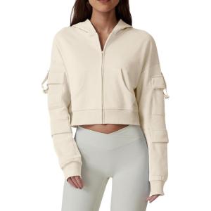 imageQINSEN Hoodies for Women Full Zip Up Cropped Jacket Long Sleeves with Cargo Pockets Sweatshirts TopsBeige
