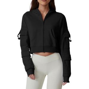 imageQINSEN Hoodies for Women Full Zip Up Cropped Jacket Long Sleeves with Cargo Pockets Sweatshirts TopsBlack