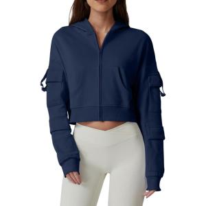 imageQINSEN Hoodies for Women Full Zip Up Cropped Jacket Long Sleeves with Cargo Pockets Sweatshirts TopsEstate Blue