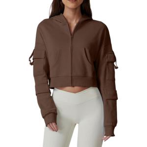 imageQINSEN Hoodies for Women Full Zip Up Cropped Jacket Long Sleeves with Cargo Pockets Sweatshirts TopsMocha Brown
