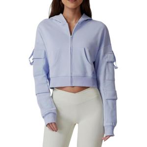 imageQINSEN Hoodies for Women Full Zip Up Cropped Jacket Long Sleeves with Cargo Pockets Sweatshirts TopsSky Blue