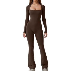 imageQINSEN Jumpsuits for Women Square Neck Wide Leg Full Length Romper PlaysuitChocolate Brown