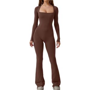 imageQINSEN Jumpsuits for Women Square Neck Wide Leg Full Length Romper PlaysuitCoffee Brwon