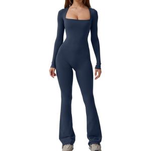 imageQINSEN Jumpsuits for Women Square Neck Wide Leg Full Length Romper PlaysuitNavy Blue