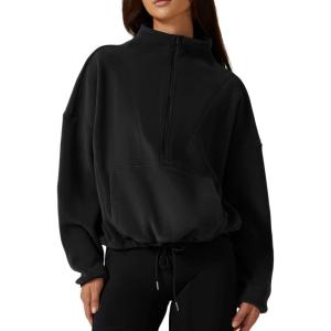 imageQINSEN Women Half Zip Fleece Sweatshirt Mock Neck Long Sleeve Winter Cozy Sherpa Pullover Sweater TopsBlack