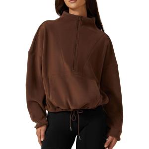 imageQINSEN Women Half Zip Fleece Sweatshirt Mock Neck Long Sleeve Winter Cozy Sherpa Pullover Sweater TopsChocolate