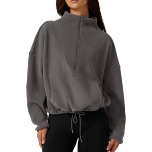 imageQINSEN Women Half Zip Fleece Sweatshirt Mock Neck Long Sleeve Winter Cozy Sherpa Pullover Sweater TopsDark Grey