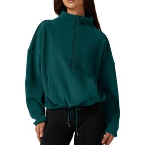 imageQINSEN Women Half Zip Fleece Sweatshirt Mock Neck Long Sleeve Winter Cozy Sherpa Pullover Sweater TopsForest Green