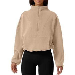 imageQINSEN Women Half Zip Fleece Sweatshirt Mock Neck Long Sleeve Winter Cozy Sherpa Pullover Sweater TopsMoonlight