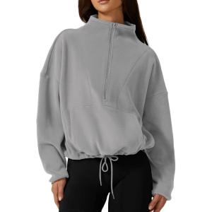 imageQINSEN Women Half Zip Fleece Sweatshirt Mock Neck Long Sleeve Winter Cozy Sherpa Pullover Sweater TopsSmoke Blue