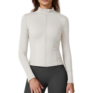 imageQINSEN Womens Full Zip Athletic Jacket Long Sleeve Double Lined Cropped Active Yoga TopsBeige White