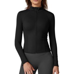 imageQINSEN Womens Full Zip Athletic Jacket Long Sleeve Double Lined Cropped Active Yoga TopsBlack