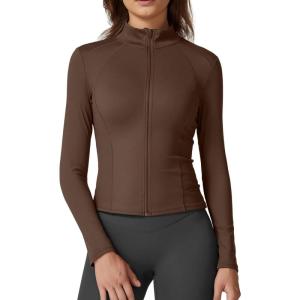 imageQINSEN Womens Full Zip Athletic Jacket Long Sleeve Double Lined Cropped Active Yoga TopsBrown Mocha