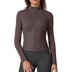 imageQINSEN Womens Full Zip Athletic Jacket Long Sleeve Double Lined Cropped Active Yoga TopsDark Grey