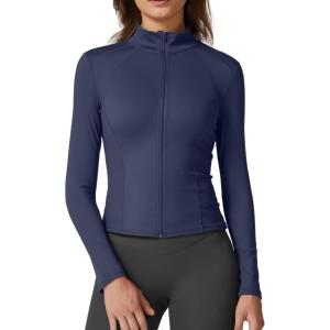 imageQINSEN Womens Full Zip Athletic Jacket Long Sleeve Double Lined Cropped Active Yoga TopsNavy Blue