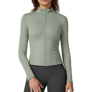 imageQINSEN Womens Full Zip Athletic Jacket Long Sleeve Double Lined Cropped Active Yoga TopsSmoke Green