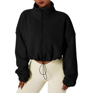 imageQINSEN Womens Full Zip Fleece Short Jacket Warm Winter Long Sleeve Stand Collar Sherpa Crop CoatBlack