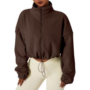 imageQINSEN Womens Full Zip Fleece Short Jacket Warm Winter Long Sleeve Stand Collar Sherpa Crop CoatCaramel Coffee