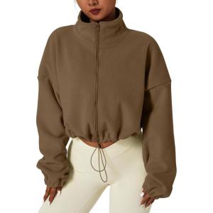 imageQINSEN Womens Full Zip Fleece Short Jacket Warm Winter Long Sleeve Stand Collar Sherpa Crop CoatChestnut