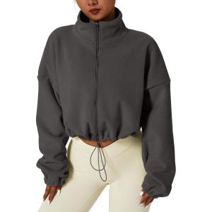 imageQINSEN Womens Full Zip Fleece Short Jacket Warm Winter Long Sleeve Stand Collar Sherpa Crop CoatDark Grey