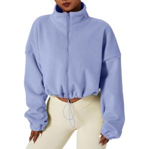 imageQINSEN Womens Full Zip Fleece Short Jacket Warm Winter Long Sleeve Stand Collar Sherpa Crop CoatDusty Purple