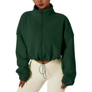 imageQINSEN Womens Full Zip Fleece Short Jacket Warm Winter Long Sleeve Stand Collar Sherpa Crop CoatForest Green