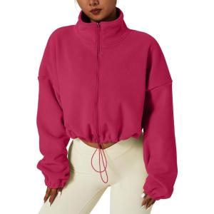 imageQINSEN Womens Full Zip Fleece Short Jacket Warm Winter Long Sleeve Stand Collar Sherpa Crop CoatInnuendo Rosy