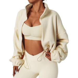 imageQINSEN Womens Full Zip Fleece Short Jacket Warm Winter Long Sleeve Stand Collar Sherpa Crop CoatIvory
