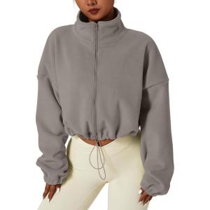 imageQINSEN Womens Full Zip Fleece Short Jacket Warm Winter Long Sleeve Stand Collar Sherpa Crop CoatLight Grey
