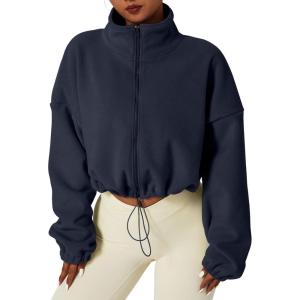 imageQINSEN Womens Full Zip Fleece Short Jacket Warm Winter Long Sleeve Stand Collar Sherpa Crop CoatNavy