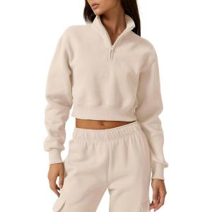 imageQINSEN Womens Half Zip Crop Sweatshirt High Neck Long Sleeve Pullover Cropped TopBeige
