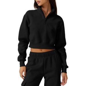 imageQINSEN Womens Half Zip Crop Sweatshirt High Neck Long Sleeve Pullover Cropped TopBlack