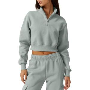 imageQINSEN Womens Half Zip Crop Sweatshirt High Neck Long Sleeve Pullover Cropped TopFrosty Green