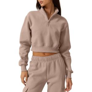 imageQINSEN Womens Half Zip Crop Sweatshirt High Neck Long Sleeve Pullover Cropped TopMushroom