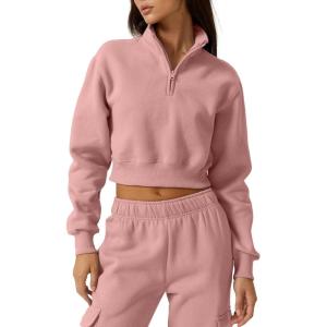 imageQINSEN Womens Half Zip Crop Sweatshirt High Neck Long Sleeve Pullover Cropped TopPeachskin