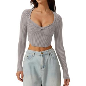 imageQINSEN Womens Long Sleeve Crop Top Sweaters Cozy Ribbed Knit Going Out Pullover T ShirtsGrey