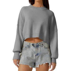 imageQINSEN Womens Mock Neck Cropped Sweater Long Sleeve Drop Shouler Oversized Knit Pullover TopsSmoke Blue