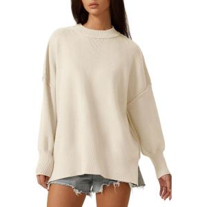 imageQINSEN Womens Mock Neck Long Sleeve Pullover Drop Shoulder Side Slit Street Tunic Sweater