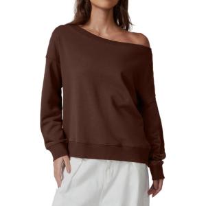 imageQINSEN Womens Oversized Sweatshirt Long Sleeve Off The Shoulder Pullover Casual Comfy Fall OutfitsBrown