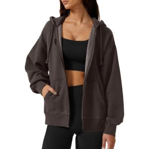 imageQINSEN Womens Relaxed ZipUp Hoodie Fall Oversized Sweatshirt Cozy Fleece Jacket with Pocket