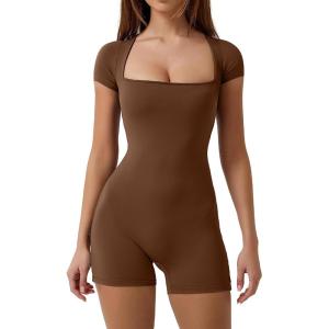 imageQINSEN Womens Short Sleeve Bodycon Romper Stretchy Square Neck Sexy Unitard JumpsuitBrown
