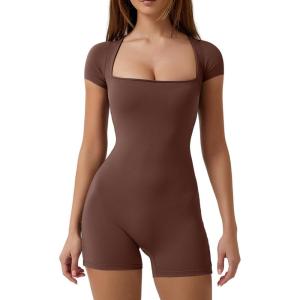 imageQINSEN Womens Short Sleeve Bodycon Romper Stretchy Square Neck Sexy Unitard JumpsuitMocha Brown