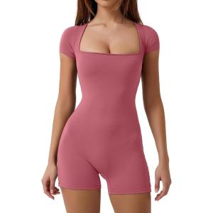 imageQINSEN Womens Short Sleeve Bodycon Romper Stretchy Square Neck Sexy Unitard JumpsuitPink Flambe