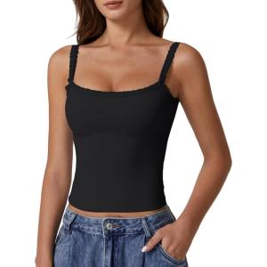 imageQINSEN Womens Square Neck Lace Trim Tank Top Double Lined Slim Fitted Y2k Going Out Camisole ShirtsBlack