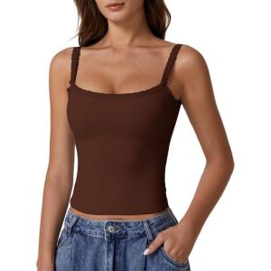 imageQINSEN Womens Square Neck Lace Trim Tank Top Double Lined Slim Fitted Y2k Going Out Camisole ShirtsBrown